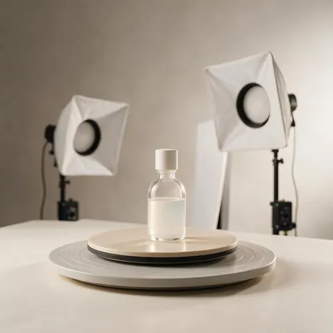 Product video set with a bottle on a turntable stand