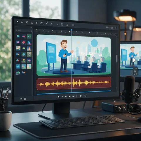 Editing timeline with an explainer animation and voice track