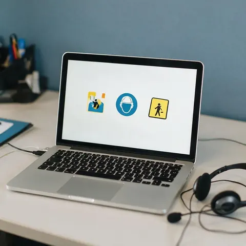Laptop showing an e-learning module with a headset