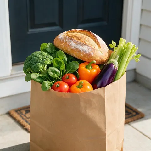 Fresh grocery bag at a front door in ad style