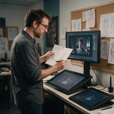 Animator comparing a character sketch with video footage