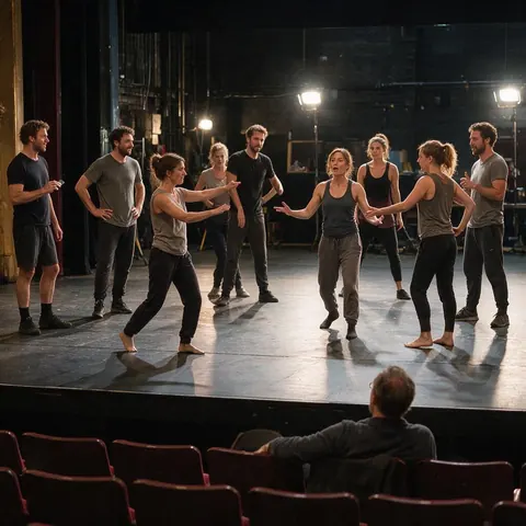 Actors rehearsing on an empty theatre stage under work lights