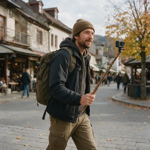 Travel creator filming himself on an autumn old-town street