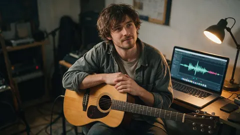 A musician with a guitar in a home studio, an audio waveform on screen