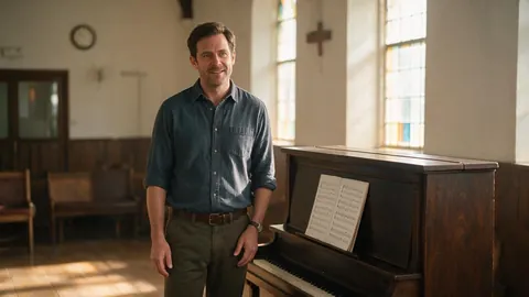 A choir leader beside a piano in a sunlit hall