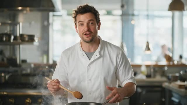 Chef talking to camera in a bright kitchen