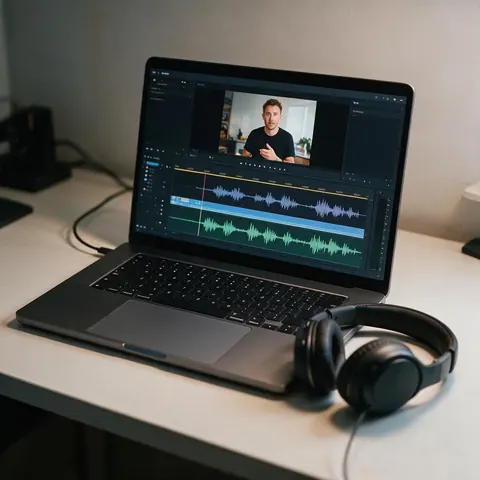 Laptop with a presenter clip and two audio waveforms