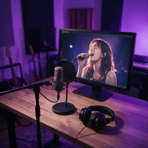 Home studio monitor showing a singing portrait video