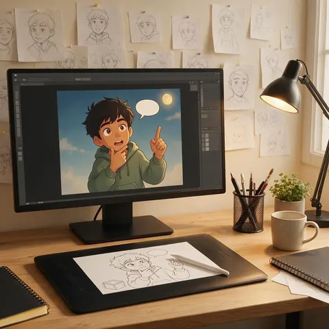 Monitor showing a cartoon character mid-sentence