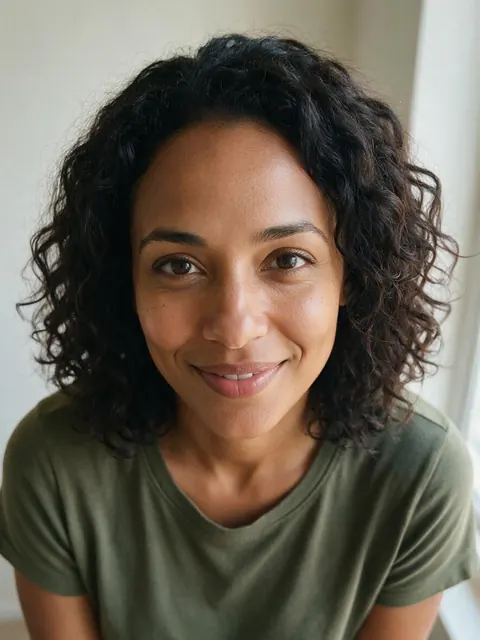 Original selfie of a smiling woman with dark curly hair in an olive t-shirt by a window (before)