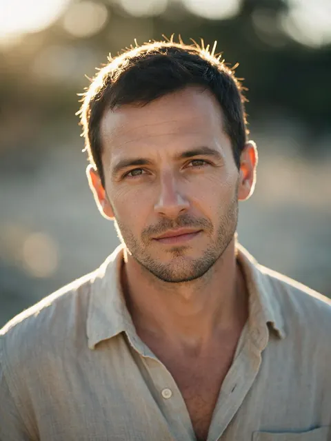 Golden-hour portrait of a man in a linen shirt with warm backlight and bokeh