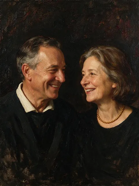 Oil painting of a smiling older couple with thick brushstrokes and Rembrandt lighting
