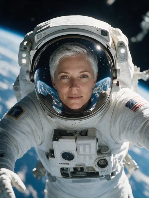 Woman with silver hair in a spacesuit with Earth reflected in the helmet