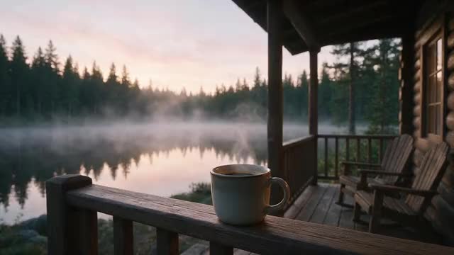 Looping clip: steam rising from a mug while mist drifts over a still lake