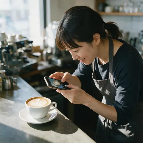 Cafe owner photographing a latte on the counter with a phone