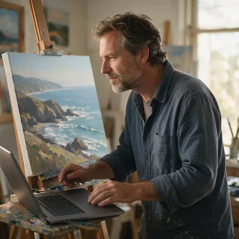 Painter in a studio looking at a laptop beside a coastal canvas