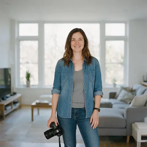 Photographer with a camera in a bright modern living room