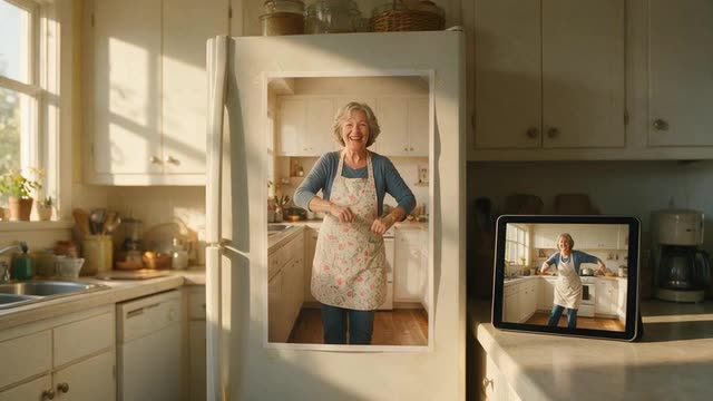 Looping clip of a woman from a printed photo dancing on a tablet beside the original print