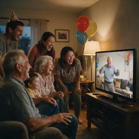 Family laughing at a video of their grandfather dancing at a birthday party