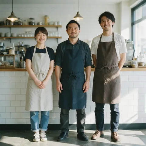 Three café staff in aprons posing in front of a café counter