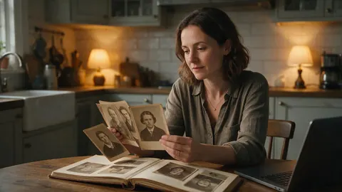 A woman looking through an old photo album at a kitchen table
