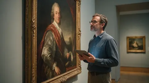 An educator with a tablet beside a classical portrait in a gallery