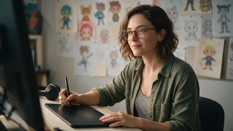 An illustrator's desk with cartoon character sketches on the wall