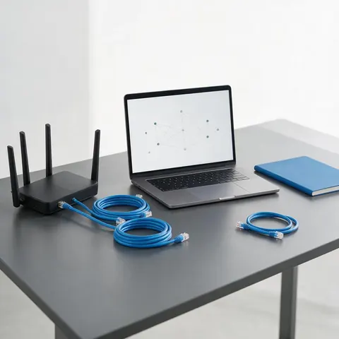 Router, cables and a laptop with a network diagram on a tidy desk