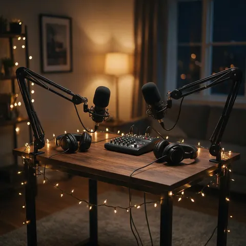 Night podcast desk with two microphones, a mixer and string lights