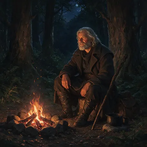 Painterly original older mentor character by a forest campfire at night