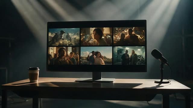Campaign frames glowing on a monitor in a dim studio