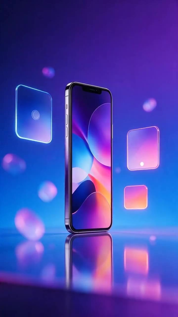 App launch motion: Glass UI cards orbiting a phone, motion-graphics style