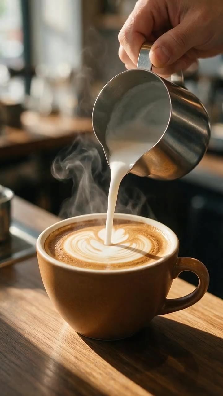 Food and drink ad: Latte art poured in warm morning light