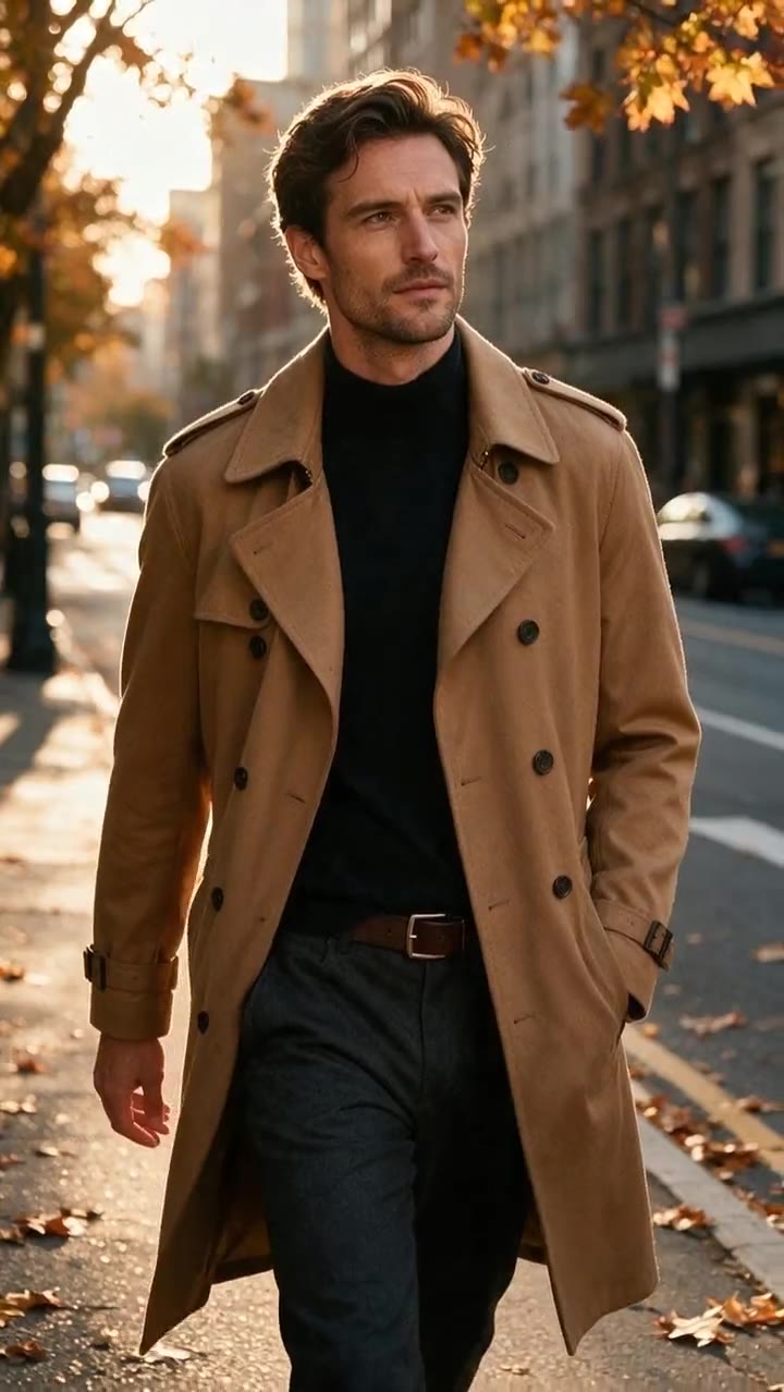 Clothing ad: A trench coat walking shot at golden hour