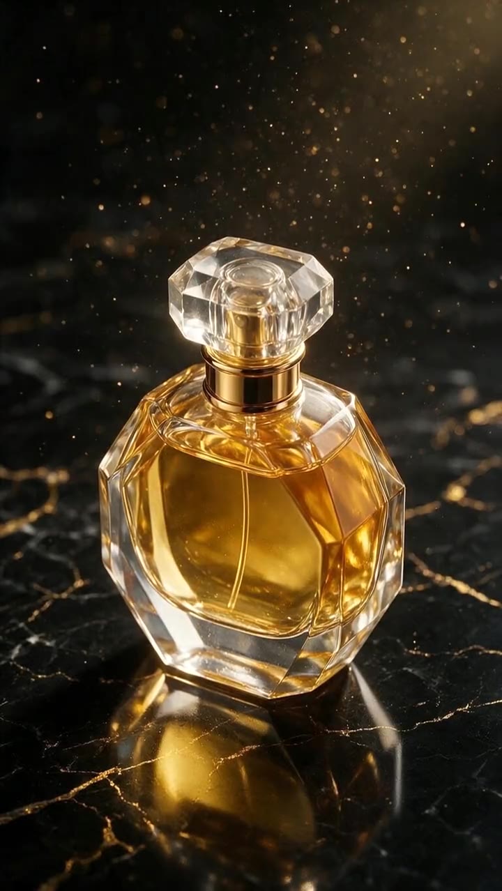 Luxury product ad: Gold light drifting around a perfume bottle
