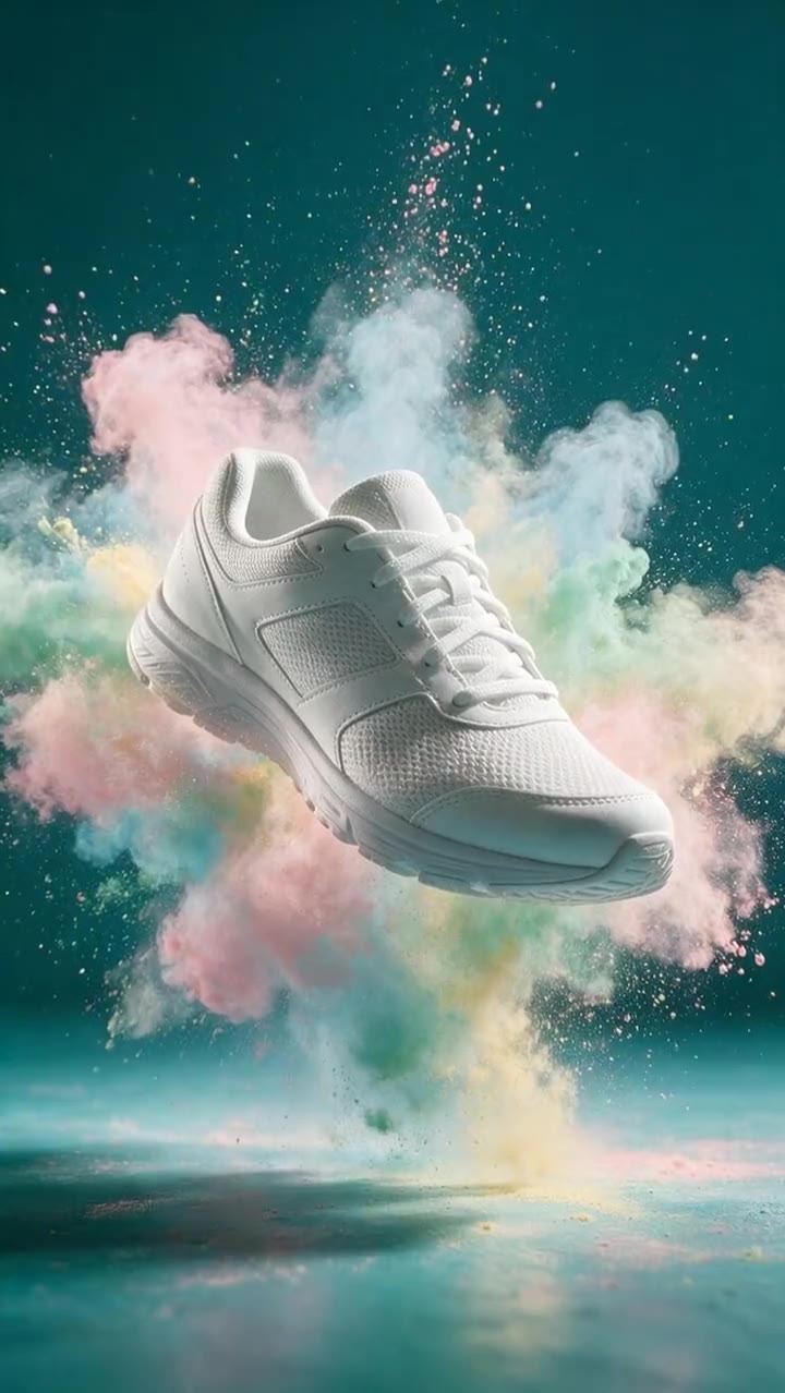 Product commercial: A sneaker spinning through a burst of coloured powder