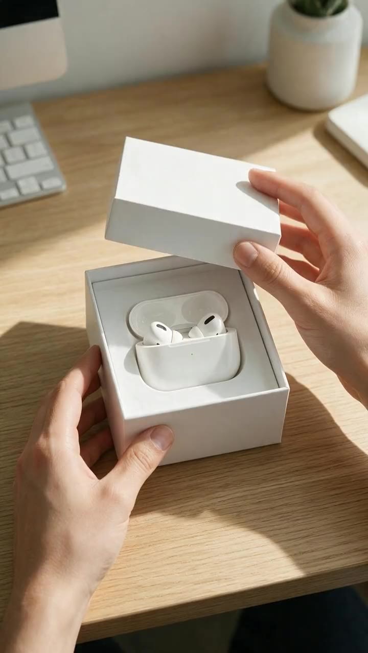 Unboxing ad: A top-down unboxing of wireless earbuds