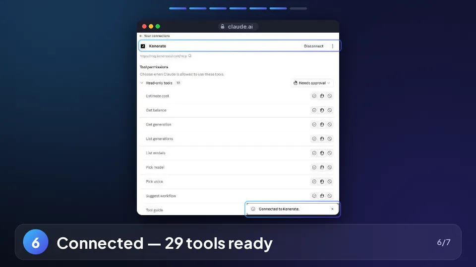 Claude.ai: Kenerate connected, 29 tools ready