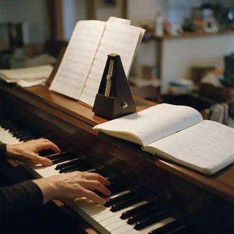 Adult pianist's hands on the keys with a metronome and a practice notebook on the piano