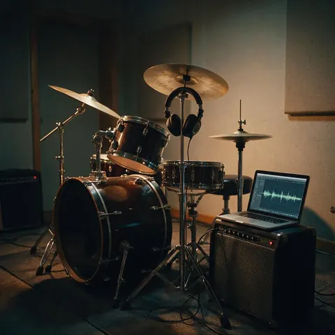 Drum kit in a rehearsal room with headphones on a cymbal stand and a laptop on an amp