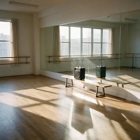 Empty sunlit dance studio with a mirror wall and a speaker on a bench