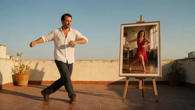 Looping clip of a dancer and a framed photo whose subject copies his salsa step