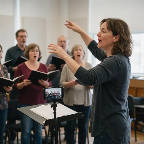 Choir director conducting while a phone records the rehearsal
