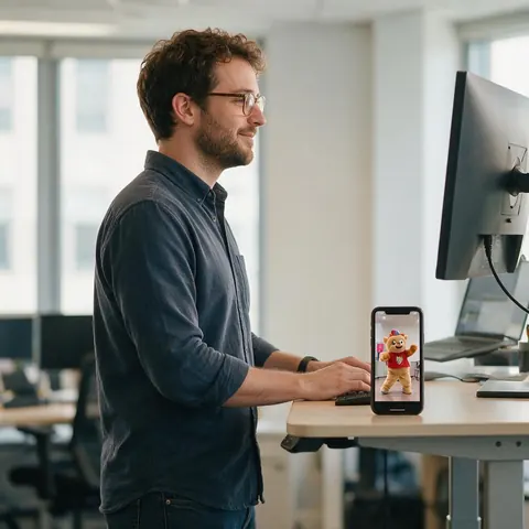 Social media manager holding a phone with a dancing mascot video