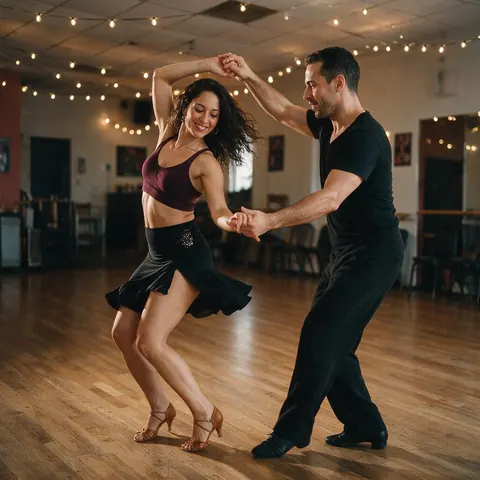 Salsa instructors demonstrating a turn in a dance school