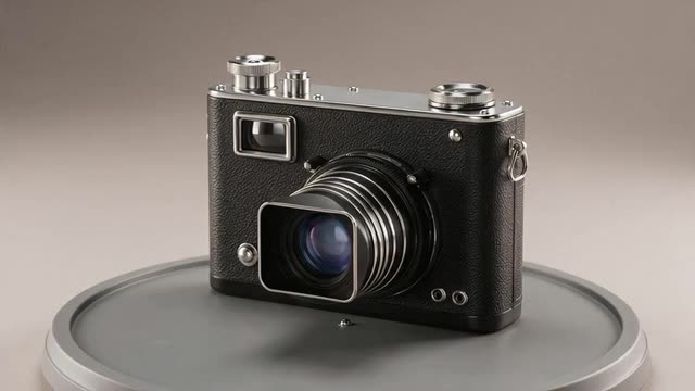 A vintage camera 3D model turns slowly on a studio turntable