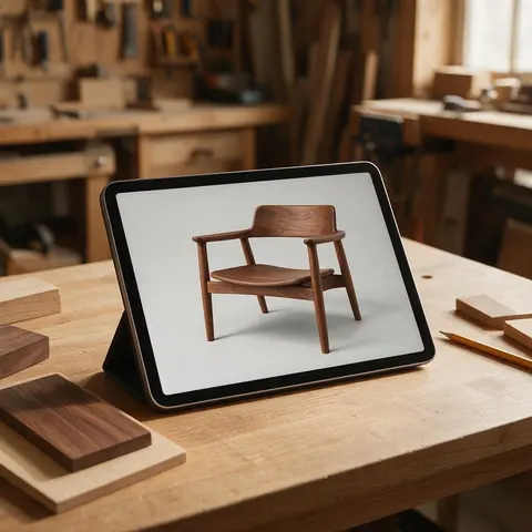 Tablet on a workbench showing a 3D walnut armchair model next to wood samples