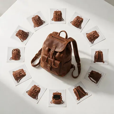 Printed photos of a backpack from many angles around its 3D model