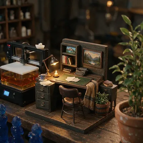 Painted 3D printed diorama of a tiny writer's desk next to a printer