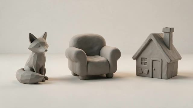 Light sweeps across grey clay 3D drafts of a fox, an armchair and a cottage